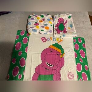 Barney Twin Bed Sheet Set Fitted Flat & Pillow Case Vintage 1992